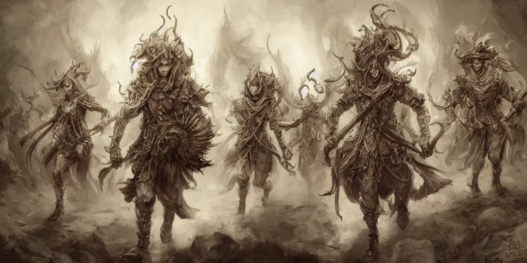 Prompt: an concept art of the marching eldritch ghosts, pale hair, intricate details, detailed face, detailed clothes, artstation, epic pose, epic background, ambient light, by rembrandt