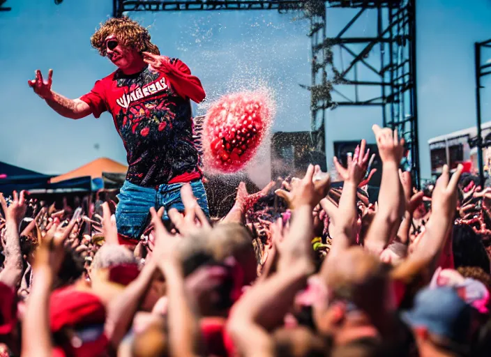 Image similar to photo still of gallagher at vans warped tour!!!!!!!! at age 4 5 years old 4 5 years of age!!!!!!! throwing watermelons at a crowd, 8 k, 8 5 mm f 1. 8, studio lighting, rim light, right side key light