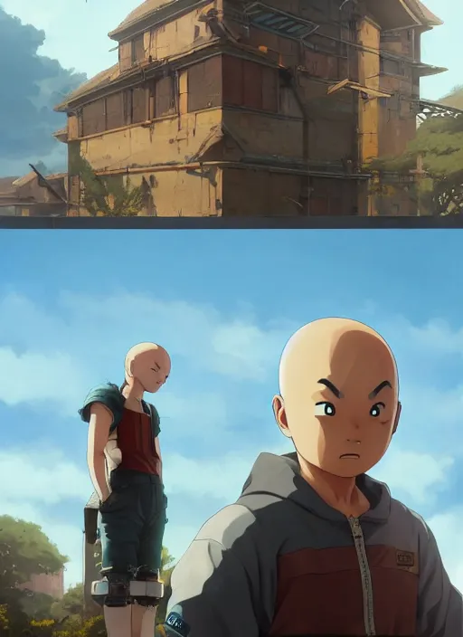 Image similar to highly detailed krillin standing outside building with a window with metal bars and naruto uzumaki with black hair behind them art by greg rutkowski, loish, rhads, ferdinand knab, makoto shinkai and lois van baarle, ilya kuvshinov, rossdraws, tom bagshaw, global illumination, radiant light, detailed and intricate environment