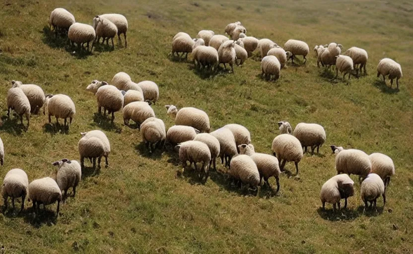 Image similar to “sheep, following other sheep, jumping off a cliff”