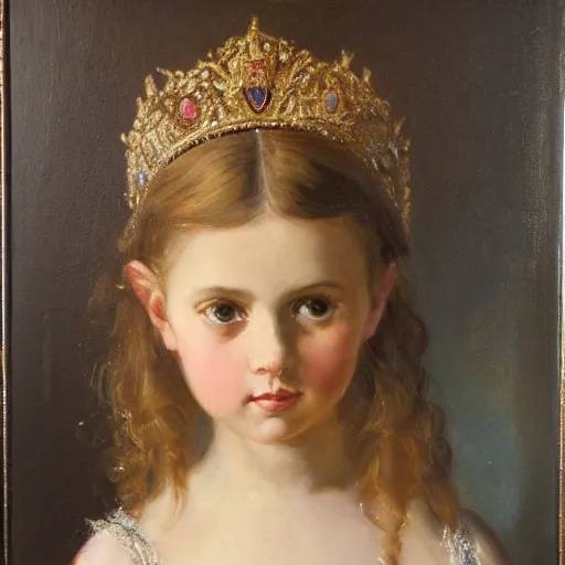 Prompt: An oil painting by Adolf Hirémy-Hirschl. Portrait of a young girl looking at the camera. The girl has a very light skin, long dark hair, wearing a golden tiara and golden jewelries covering her ears. The girl wears a white and golden dress.