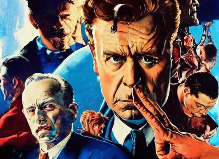 Image similar to a still from the movie avengers : endgame by of francis bacon and norman rockwell and james jean, a still from the movie godfather, and mark brooks, triadic color scheme, by greg rutkowski, syd mead and edward hopper and norman rockwell and beksinski, dark surrealism, orange and turquoise