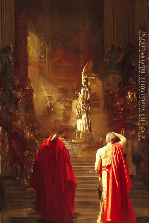 Image similar to beautiful oil painting, steve buscemi in royal crimson robes enthroned as the god emperor of ancient rome a golden wreath upon his head, by anders zorn, wonderful masterpiece by greg rutkowski, beautiful cinematic light, american romanticism, by thomas lawrence, greg rutkowski