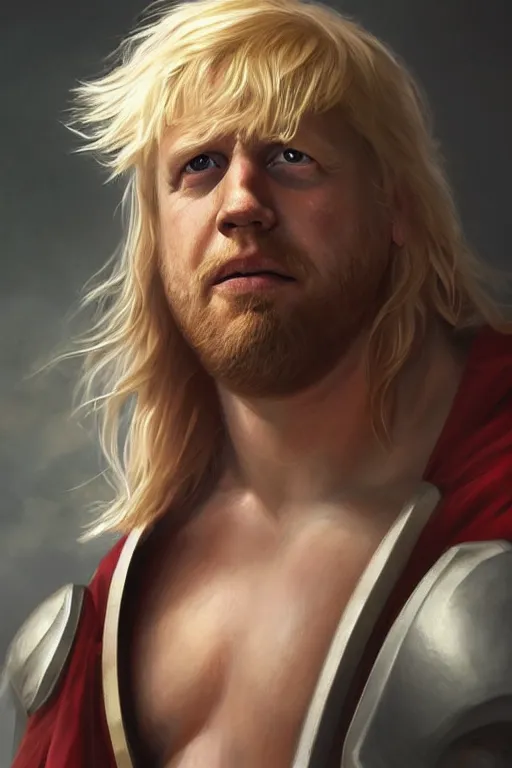 Image similar to Boris Johnson as Thor barehand, Boris Johnson hairstyle, full body realistic portrait, highly detailed, muscular body, digital painting, artstation, concept art, smooth, sharp focus, illustration, cinematic lighting, art by artgerm and greg rutkowski and alphonse mucha