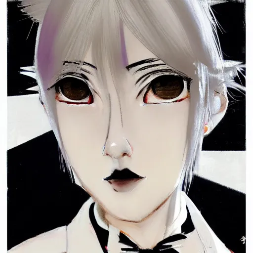 Image similar to Three quarter angle Yoshitaka Amano style portrait of an anime girl with short white hair and black eyes wearing tuxedo with patterns, abstract black and white background, film grain effect, highly detailed, oil painting, expressive brush strokes