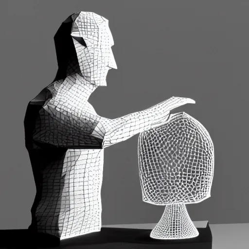 Image similar to Marcel Duchamp holding a low poly wireframe mesh model of a chess piece, blender, 35mm film