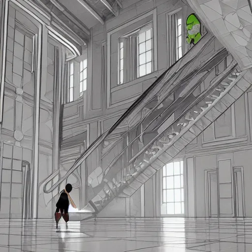 Image similar to a slimegirl in a bright white hallway with many doors and many stairs, Mc Escher architecture, epic composition, by Makoto Shinkai