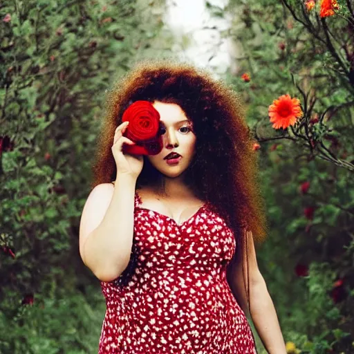 Image similar to DSLR photography of a gorgeous red haired woman with big curly hair and freckles, curvy figure wearing dress with flower print, trending on instagram