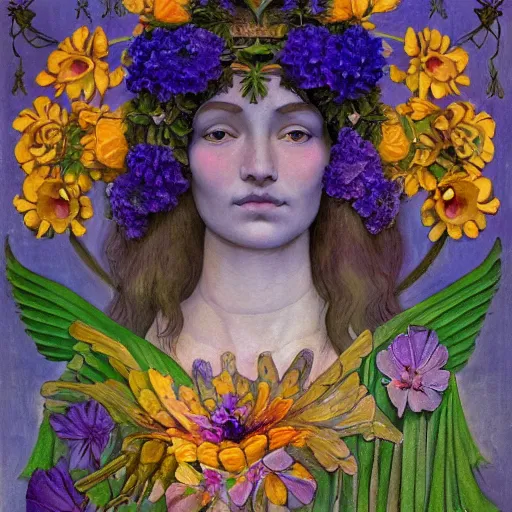 Image similar to the flower crown, by Annie Swynnerton and Nicholas Roerich and Diego Rivera, bioluminescent skin, tattoos, wings made out of flowers, elaborate costume, geometric ornament, symbolist, cool colors like blue and green and violet, smooth, sharp focus, extremely detailed