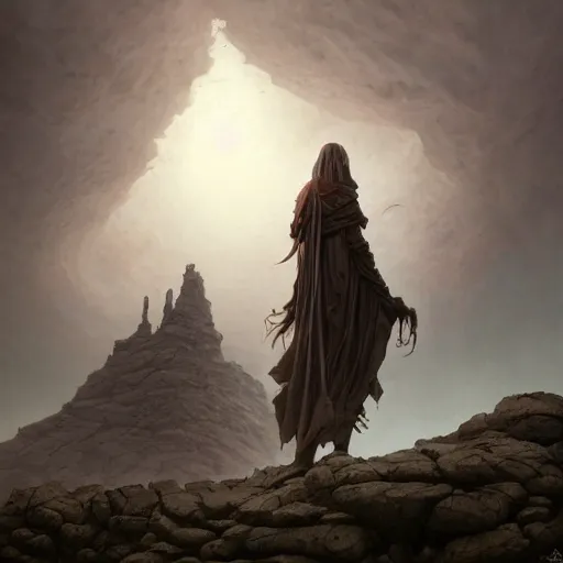 Prompt: stone humanoid colossus by grzegorz rutkowski and richard wright and peter mohrbacher and dan scott, atmospheric haze, stormy, tundra, tiny woman in cloak in foreground silhouette, large scale