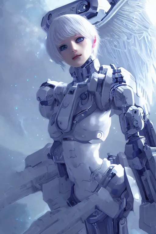 Prompt: Beautiful cyborg angel girl, blue eyes, white hair, front light, clear skin, futuristic room background, excellent composition, innocent look, high quality, highly detailed, scifi, trending on ArtStation, Akihiko Yoshida