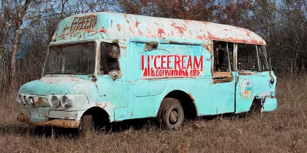 Image similar to an abandoned ice cream truck from the 6 0 s, with the words free ice cream and a logo for the ice cream company algida