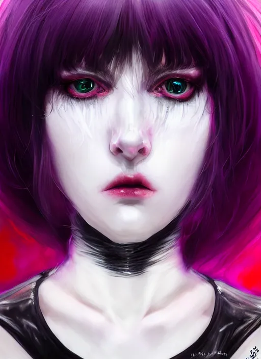 Image similar to whitebangs, black hair, black cyberlox, portrait of normal teenage girl, normal face, white bangs, fluffy bangs, cyberlox, whitebangs, red contact lenses, purple background, intricate, elegant, highly detailed, digital painting, artstation, concept art, sharp focus, smooth, illustration, art by wlop, mars ravelo and greg rutkowski