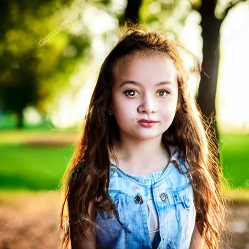 Prompt: close up shot 50mm young girl golden hour in park by lake