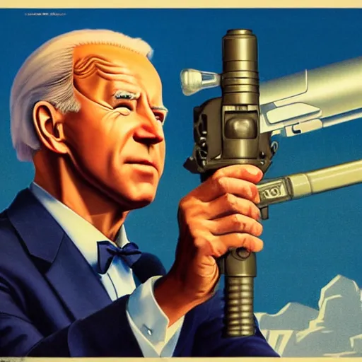 Image similar to propaganda poster of joe biden pointing gun directly at camera in james bond movie, closeup of gun, visible barrel and grip by j. c. leyendecker, bosch, lisa frank, jon mcnaughton, and beksinski