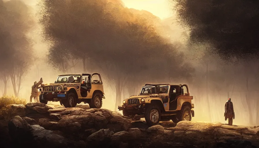 Image similar to Mahindra Thar with tribe members nearby, an epic fantasy, dramatic lighting, cinematic, establishing shot, extremely high detail, photorealistic, cinematic lighting, artstation, by simon stalenhag, horizon forbidden west