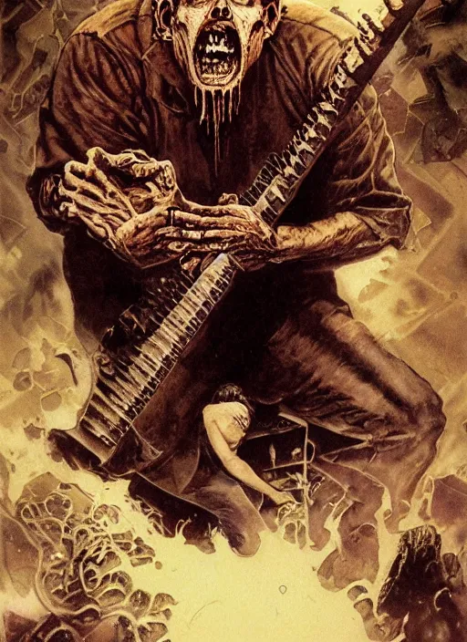 Image similar to Michael McDonald, heavy metal magazine cover, 1980s, keyboard, atmospheric, realism, horror, grimy, sinister, highly detailed, high octane render, HD, anatomy, symmetrical body, symmetrical face, scary, cracked brick background, in the style of Frank frazetta and moebius, Peter mohrbacher and John William Waterhouse
