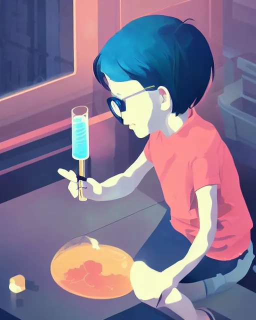 Image similar to a little girl is doing a science experiment. clean cel shaded vector art. minimalist illustration art by lois van baarle, artgerm, helen huang, by makoto shinkai and ilya kuvshinov, rossdraws