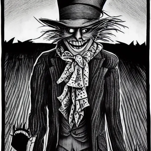 Image similar to a Pop Wonder scary horror themed goofy-hilarious-character Babadook-scarecrow-madhatter-williewonka-wearing a scarf, 3-piece-suit, dime-store-comic drawn with charcoal and pen and ink, half-tone-line-stacking