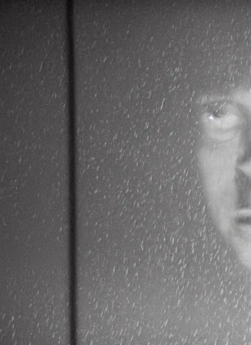 Image similar to dark photo of dark blue rainy bedroom window at night, dimly lit creepy face of elon musk staring in through the window, horror, scary face,