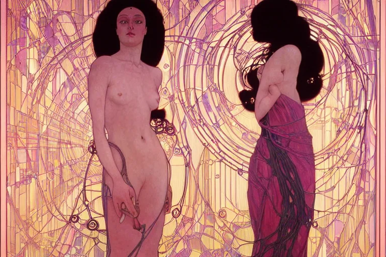 Image similar to symmetric, a dark woman android in a pastel pink dress, in a room full of neural networks and wires and computers, dark sci - fi, ai, 4 k realistic, artem demura. alphonse mucha, gustav klimt.