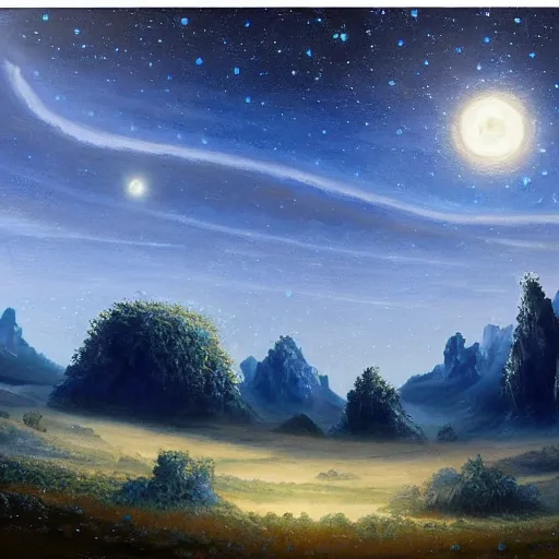 Image similar to large landscapes from another world, dark - blue themed, beautiful painting, very detailed fauna and flora, enhance lighting, many moons are visible in the sky