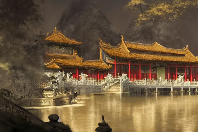 Image similar to Chinese palace, cinematic lighting, dramatic atmosphere, by Craig Mullins, 4k resolution, trending on artstation