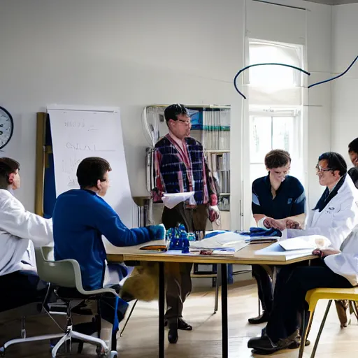 Prompt: a group of scientists toguether in a room studyng a golden retriever