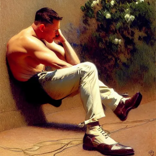 Image similar to channing tatum ties his shoes on a hot and sweaty summer day, painting by gaston bussiere, craig mullins, j. c. leyendecker, tom of finland