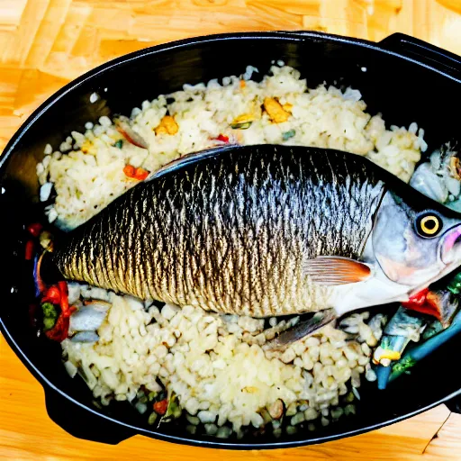 Image similar to a fish on the top of a pile of fish, inside a cooking pot