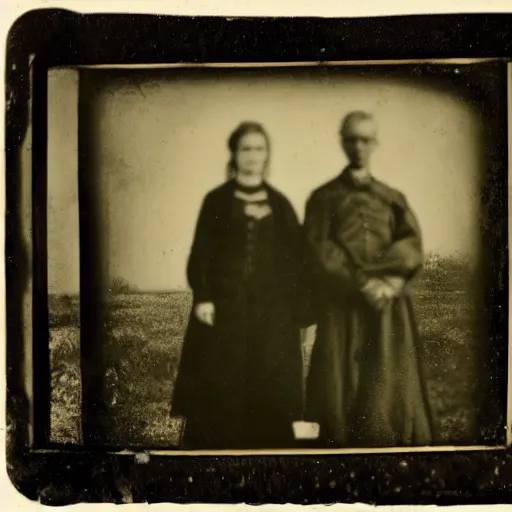 Image similar to Creepy cursed daguerreotype portrait photo of a 1800's family standing in front of house, alien abduction. Hyperrealism. Weirdcore