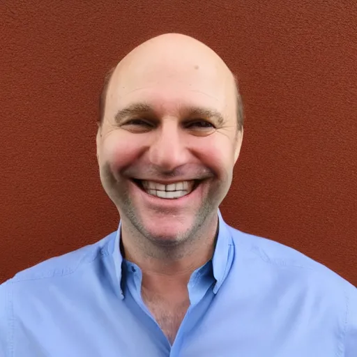 Image similar to color photograph of a balding, middle aged, brown haired, hairy, blue eyed, round faced, short and slightly fat white man dressed in a white shirt, grey pants and black dress shoes smiling at the camera with perfect, straight white teeth