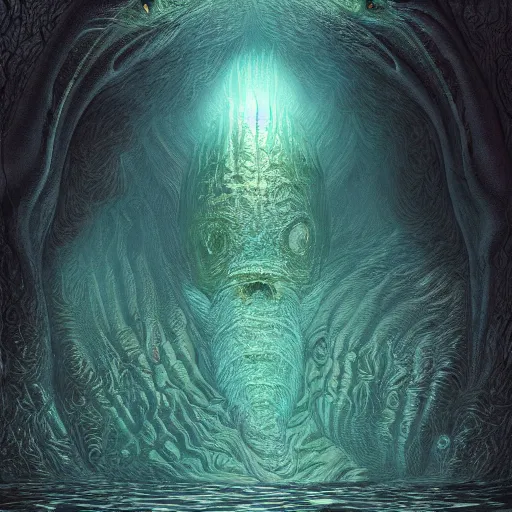 Image similar to photorealistic cryptid aquatic beast in the style of michael whelan and gustave dore. hyperdetailed photorealism, 1 0 8 megapixels, amazing depth, glowing rich colors, powerful imagery, psychedelic overtones, 3 d finalrender, 3 d shading, cinematic lighting, artstation concept art