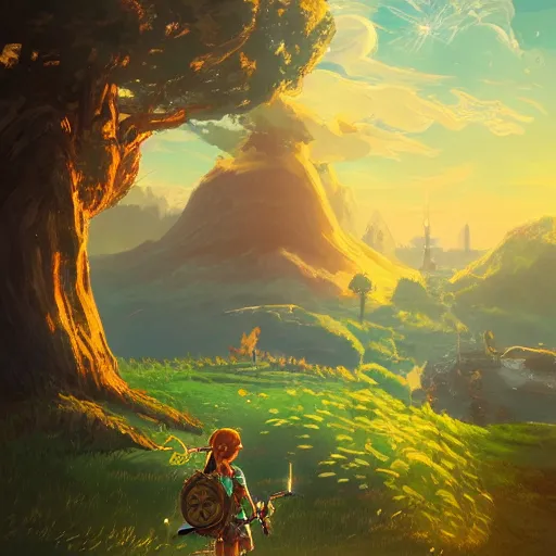 Prompt: a beautiful digital matte painting of a verdant fantasy countryside, breath of the wild, hyrule, inspired by cyril rolando, david wiesner, many golden layers, orange color tone, very far royal steampunk castle, cgsociety, tarot card, trending on artstation, azure sky