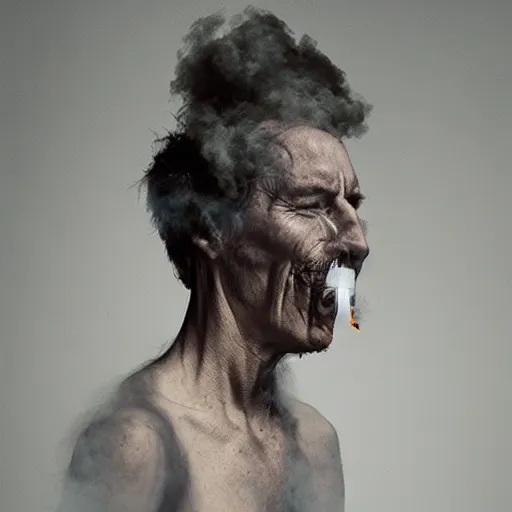 Prompt: annie liebowitz photo of a man who's head is replaced with a puff of smoke