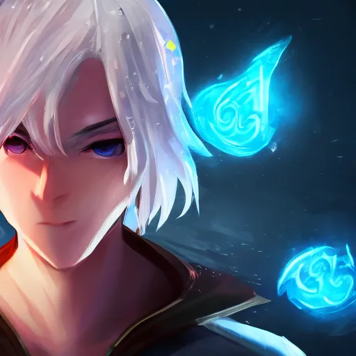 Image similar to league of legends character style of teenager cute boy, blonde hair, blue eyes, shows magic, close up, cinematic light, dark room, detailed, photo, 8K