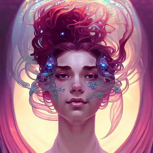 Image similar to Portrait of a girl underwater surrounded by jellyfish, face, fantasy, intricate, elegant, highly detailed, digital painting, artstation, concept art, smooth, sharp focus, illustration, art by Fernanda Suarez and Artem Demura and alphonse mucha