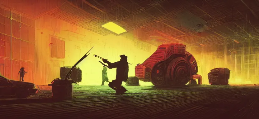 Image similar to handmade illustration of a duel with weapons in an industrial room, line art, octane render with volumetric lighting, miniatures by wes anderson, cedric peyraavernay, waste processing machinery, bladerunner, green and red radioactive swamp, by Remedios Varo and Anato Finnstark and Greg Rutkowski, dayglo pink, dayglo blue, by Craig Mullins, ilya kuvshinov, krenz cushart, artgerm, 8k, trending on ArtStation