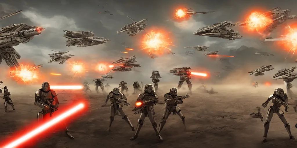 Image similar to long shot, sci - fi battlefield, star wars republic army clones versus droids army with blaster fire and explosions, digital art, art station, render, volumetric light