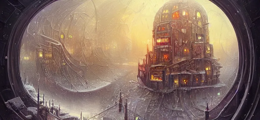 Prompt: beautiful masterpiece painting of a dystopian city trapped inside a snow globe, grunge cyberpunk, by Remedios Varo and Anato Finnstark and Greg Rutkowski, artgerm, 8k,