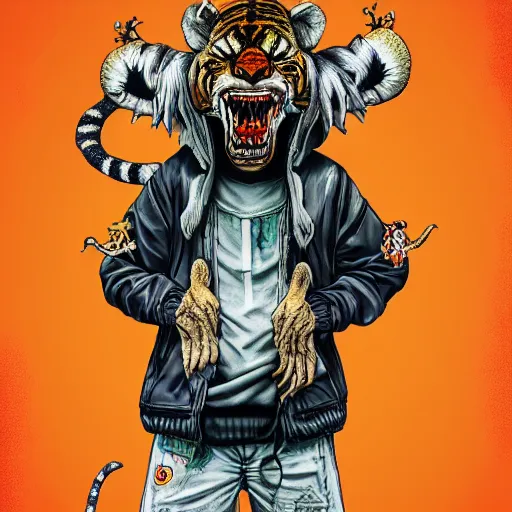 Prompt: a detailed portrait of a fashionable gopnik demon oni tiger wearing a gurokawa cybergrunge adidas outfit the style of william blake and norman rockwell, kubrick, rembrandt, junji ito undertones, crisp, vibrant color scheme, crisp, artstationhd