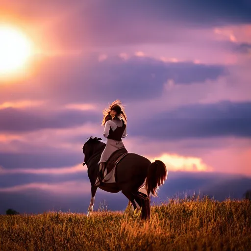 Image similar to Emma Watson riding into the sunset, golden hour, heavenly lighting, XF IQ4, f/1.4, ISO 200, 1/160s, 4K, RAW, unedited, symmetrical balance, in-frame