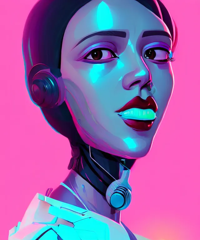 Image similar to beautiful portrait of sana from twice as a sci fi woman, with chaotic vaporwave aesthetic half human half robot, concept art by james gilleard, artstation, cgsociety, synchromism, 8 0 s animation flat cell shaded. with thick black pencil lines!!!!