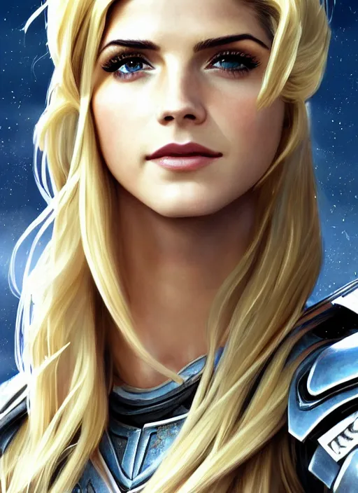 Prompt: portrait of a combination of Ashley Greene, Katheryn Winnick, Victoria Justice and Adriana Dxim, Grace Kelly, Emma Watson and Lily Collins with blonde hair wearing Terran Armor from StarCraft, countryside, calm, fantasy character portrait, dynamic pose, above view, sunny day, thunder clouds in the sky, artwork by Jeremy Lipkin and Giuseppe Dangelico Pino and Michael Garmash and Rob Rey and Greg Manchess and Huang Guangjian, very coherent asymmetrical artwork, sharp edges, perfect face, simple form, 100mm