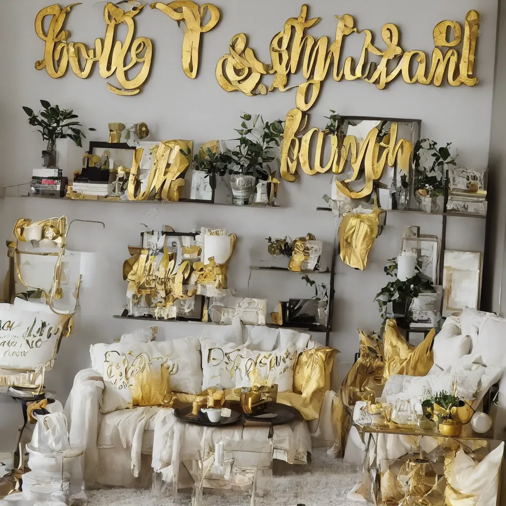 Image similar to 3 meaningless verbs printed as home decoration items, golden font, pointless