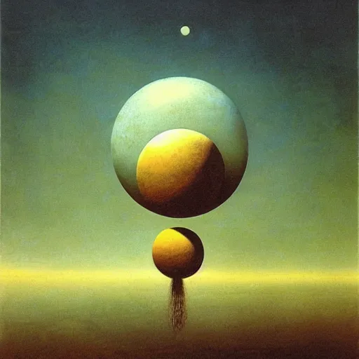 Prompt: sphere floating above the horizon, zdzislaw beksinski