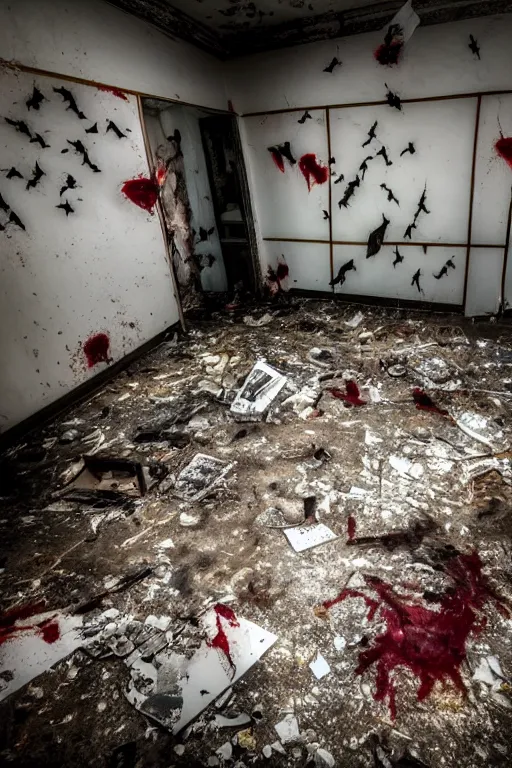 Image similar to A photo of bats flying in an abandoned hospital bedroom, some blood on the walls and trash on the floor