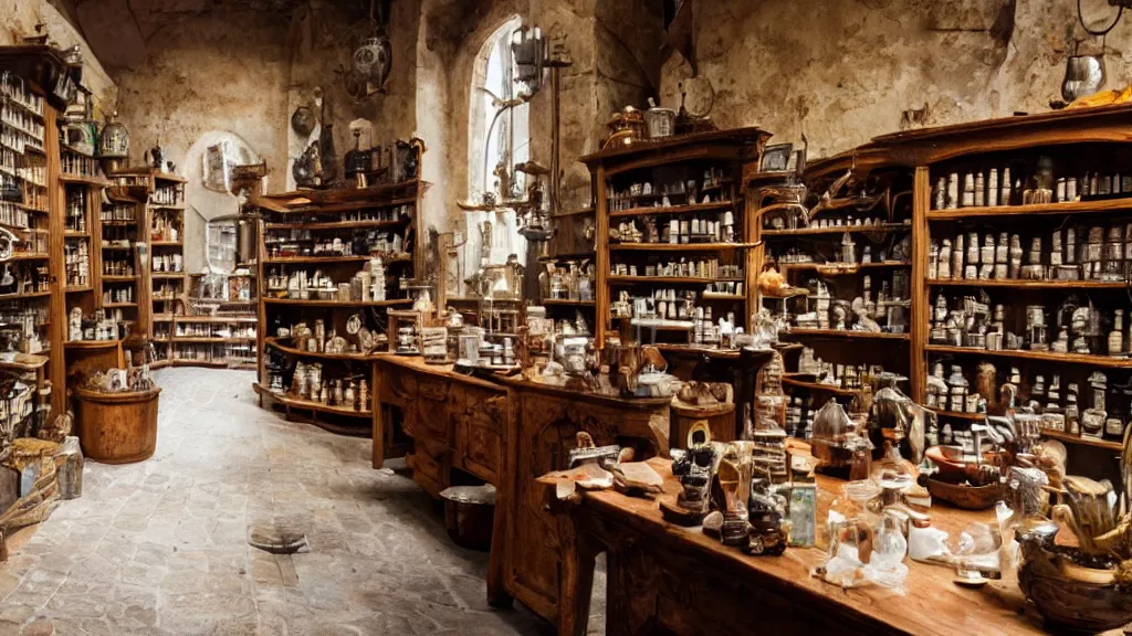 Prompt: 12th century apothecary shop, film still from the movie directed by Denis Villeneuve with art direction by Salvador Dalí, wide lens