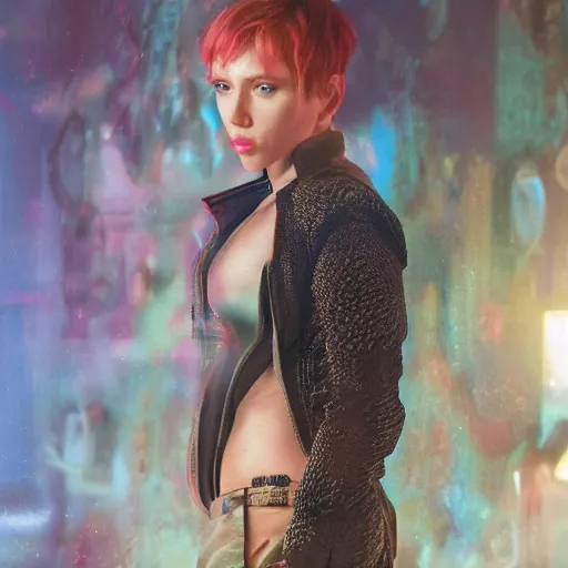 Image similar to scarlett johansson as motoko kuzanagi, photography, portrait, neon lamp, insanely detailed and intricate, hypermaximalist, elegant, ornate, hyper realistic, super detailed, medium shot, annie leibowitz