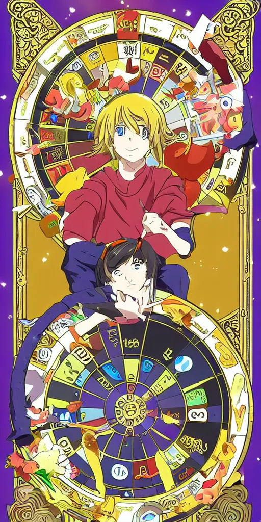 Prompt: Wheel of Fortune tarot card anime style